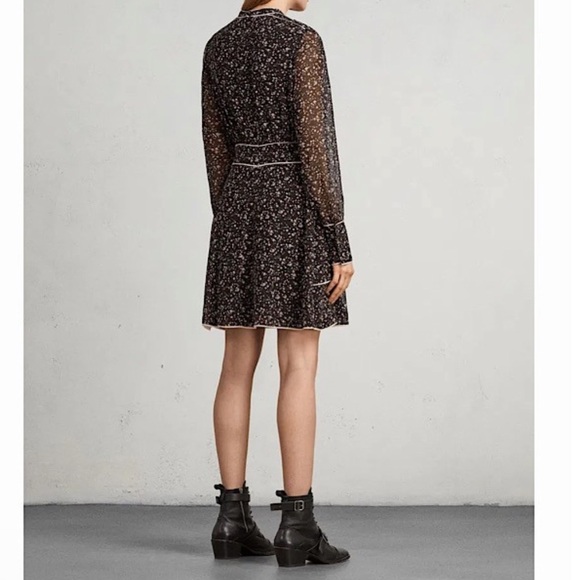 All Saints ‘Kay Pepper’ Black Micro Floral Print Dress - high neck -US8 long sle - Picture 2 of 6